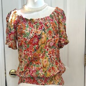 Cynthia Rowley Red and Gold Smocked Puff Sleeve Blouse Medium